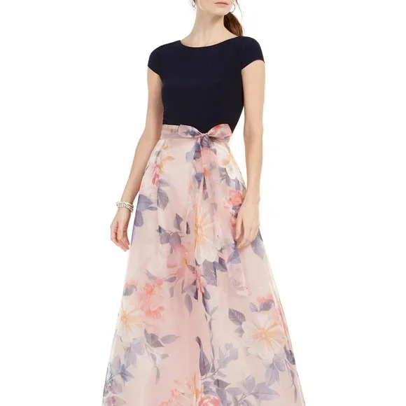 S.L. Fashions | Dresses | Sl Fashions Petite Floral Organza Gown Navy Blush  Size 4p | Poshmark